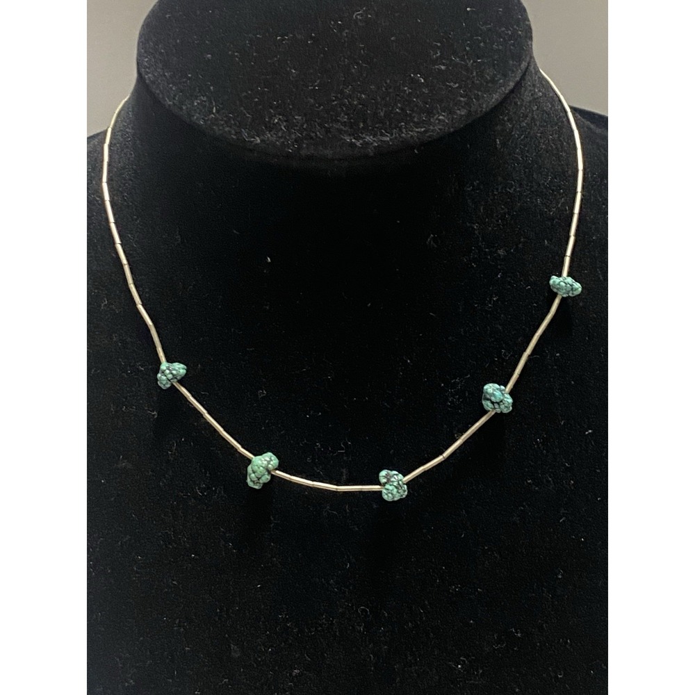 VTG Navajo Sterling Liquid Silver 925  Turquoise Station Necklace 17 Inch-As Is